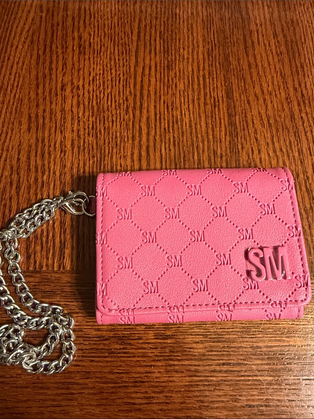 Steve Madden Pink Embossed Card Holder with Silver Chain